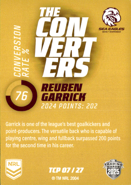 Reuben Garrick Sea Eagles The Converters Gold 2025 NRL Traders Trading Card TCP 07/27