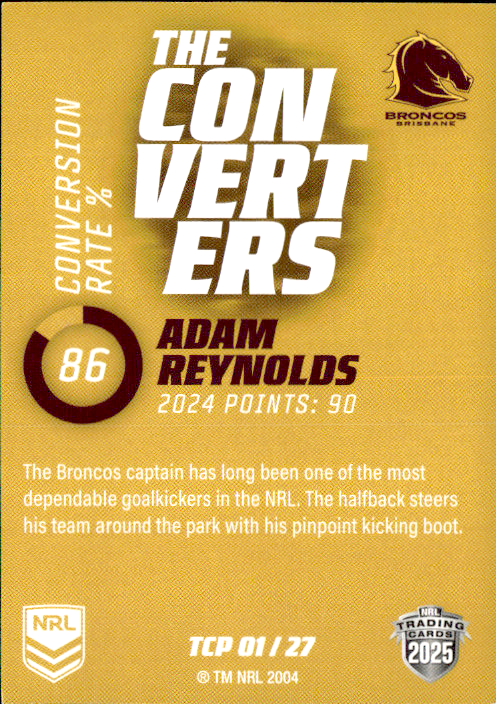 Adam Reynolds Broncos The Converters Gold 2025 NRL Traders Trading Card TCP 01/27