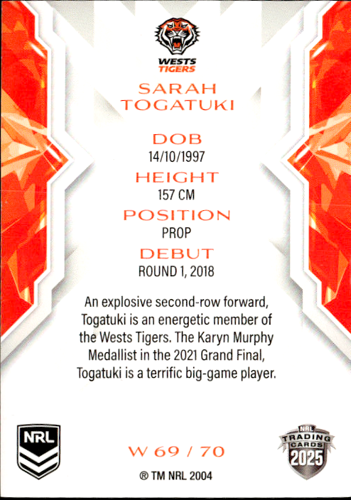 Sarah Togatuki West Tigers NRL Women 2025 NRL Traders Trading Card W 69/70