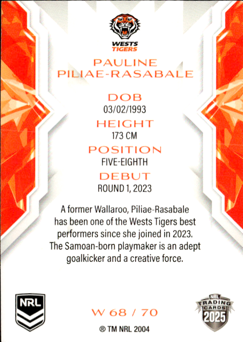Pauline Piliae-Rasabale West Tigers NRL Women 2025 NRL Traders Trading Card W 68/70
