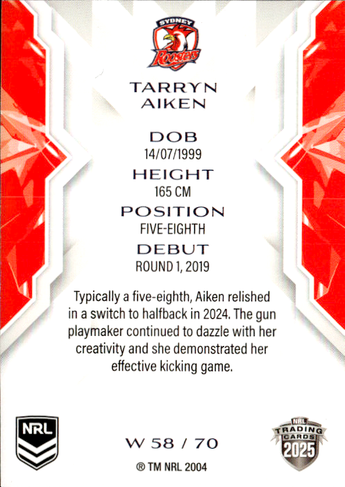 Tarryn Aiken Roosters NRL Women 2025 NRL Traders Trading Card W 58/70