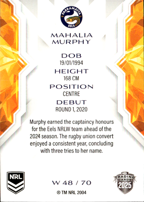 Mahalia Murphy Eels NRL Women 2025 NRL Traders Trading Card W 48/70