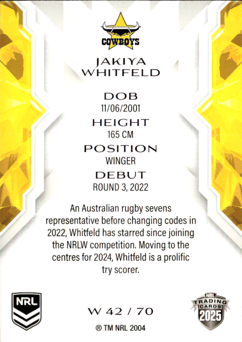 Jakiya Whitfeld Cowboys NRL Women 2025 NRL Traders Trading Card W 42/70