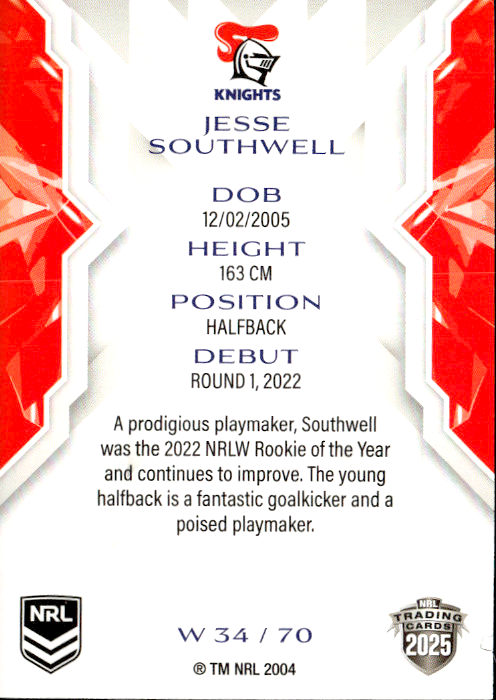 Jesse Southwell Knights NRL Women 2025 NRL Traders Trading Card W 34/70