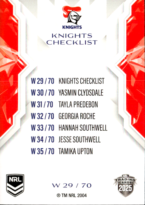 Knights Checklist NRL Women 2025 NRL Traders Trading Card W 29/70