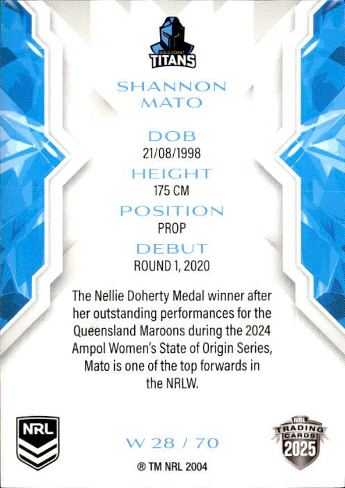 Shannon Mato Titans NRL Women 2025 NRL Traders Trading Card W 28/70