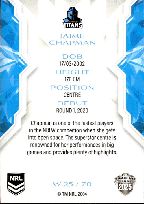 Jaime Chapman Titans NRL Women 2025 NRL Traders Trading Card W 25/70