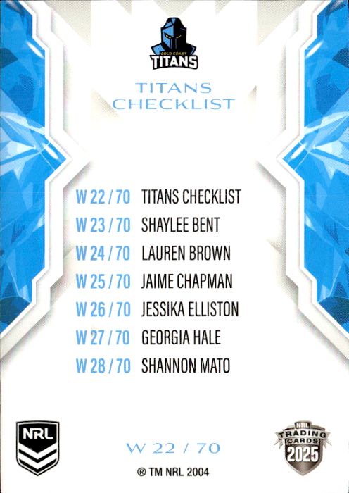 Titans Checklist NRL Women 2025 NRL Traders Trading Card W 22/70