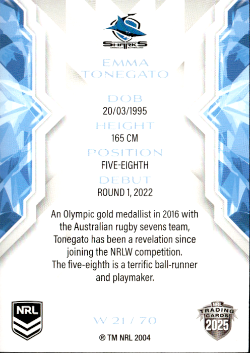 Emma Tonegato Sharks NRL Women 2025 NRL Traders Trading Card W 21/70