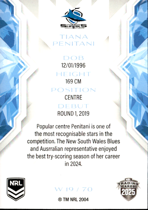 Tiana Penitani Sharks NRL Women 2025 NRL Traders Trading Card W 19/70