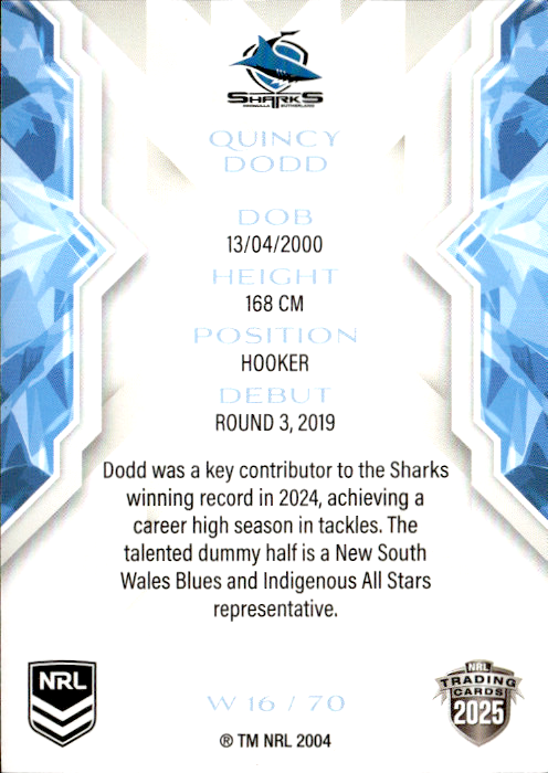 Quincy Dodd Sharks NRL Women 2025 NRL Traders Trading Card W 16/70