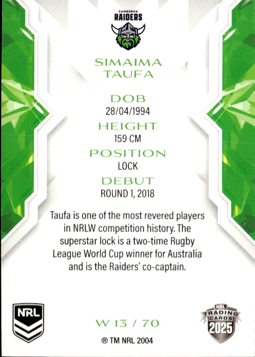 Simaima Taufa Raiders NRL Women 2025 NRL Traders Trading Card W 13/70