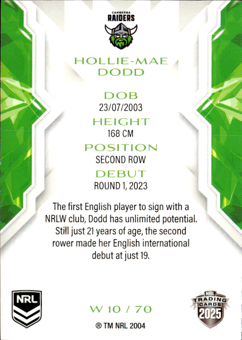 Hollie-Mae Dodd Raiders NRL Women 2025 NRL Traders Trading Card W 10/70