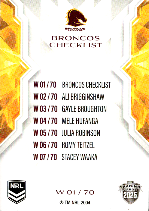 Broncos Checklist NRL Women 2025 NRL Traders Trading Card W 01/70