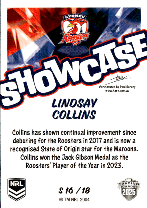 Lindsay Collins Roosters Showcase 2025 NRL Traders Trading Card S 16/18