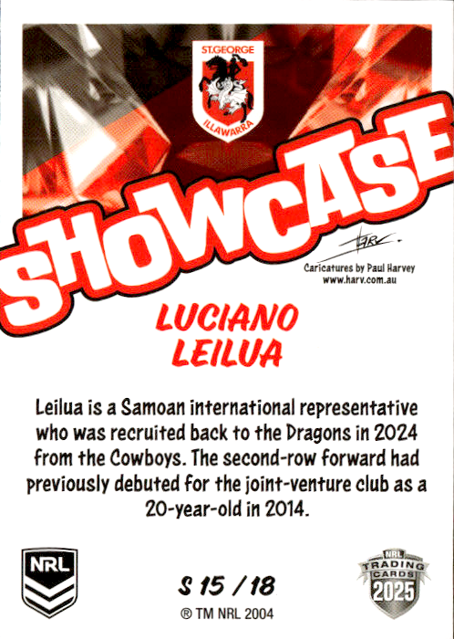 Luciano Leilua Dragons Showcase 2025 NRL Traders Trading Card S 15/18