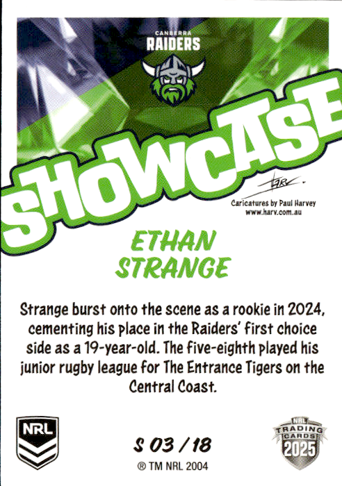 Ethan Strange Raiders Showcase 2025 NRL Traders Trading Card S 03/18