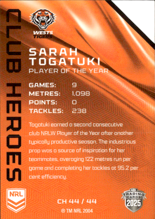Sarah Togatuki West Tigers Club Heroes 2025 NRL Traders Trading Card CH 44/44