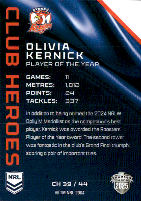 Olivia Kernick Roosters Club Heroes 2025 NRL Traders Trading Card CH 39/44