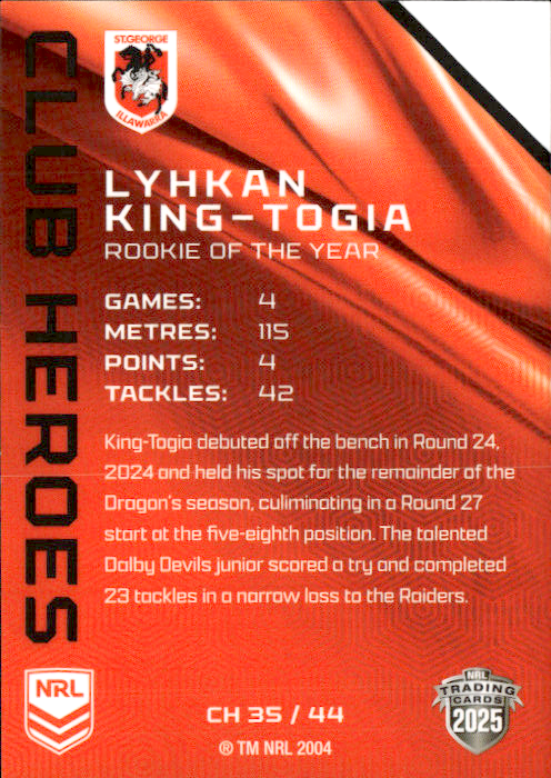 Lyhkan King-Togia Dragons Club Heroes 2025 NRL Traders Trading Card CH 35/44