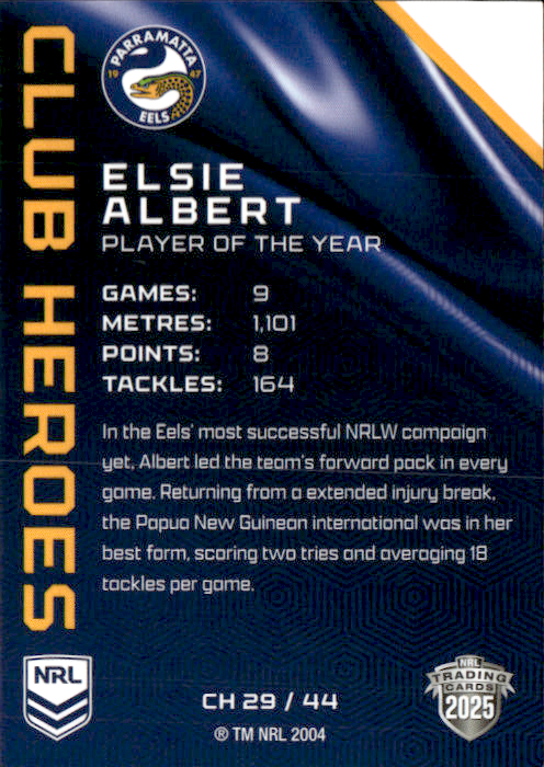 Elsie Albert Eels Club Heroes 2025 NRL Traders Trading Card CH 29/44