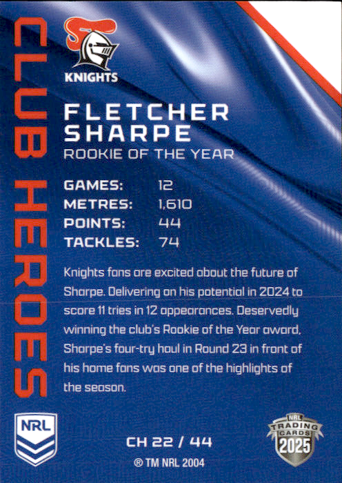 Fletcher Sharpe Knights Club Heroes 2025 NRL Traders Trading Card CH 22/44