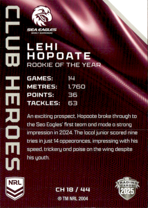 Lehi Hopoate Sea Eagles Club Heroes 2025 NRL Traders Trading Card CH 18/44