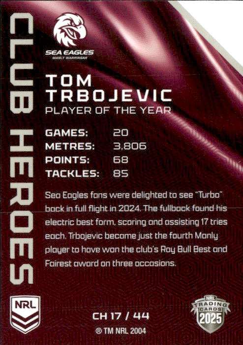 Tom Trbojevice Sea Eagles Club Heroes 2025 NRL Traders Trading Card CH 17/44