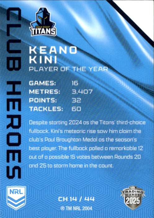 Keano Kini Titans Club Heroes 2025 NRL Traders Trading Card CH 14/44