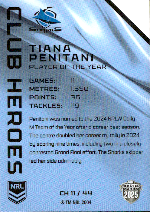 Tiana Penitani Sharks Club Heroes 2025 NRL Traders Trading Card CH 11/44