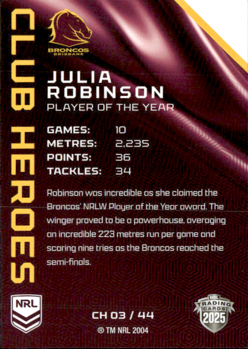 Julia Robinson Broncos Club Heroes 2025 NRL Traders Trading Card CH 03/44