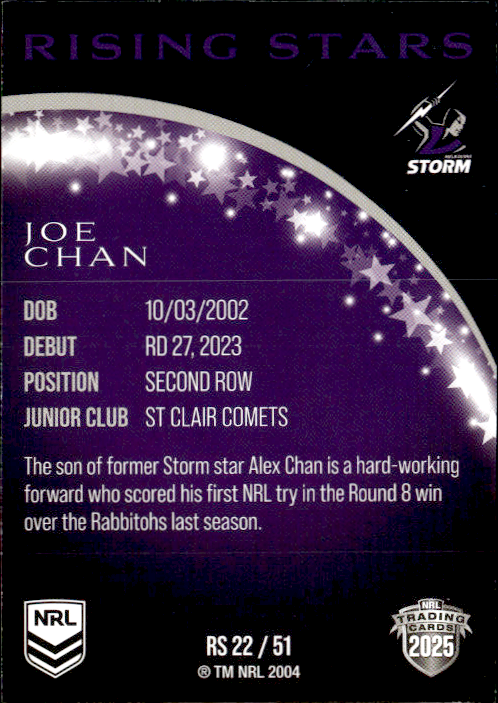 Joe Chan Storm Rising Stars 2025 NRL Traders Trading Card RS 22/51