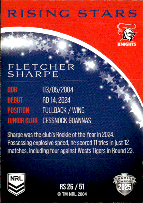Fletcher Sharpe Knights Rising Stars 2025 NRL Traders Trading Card RS 26/51