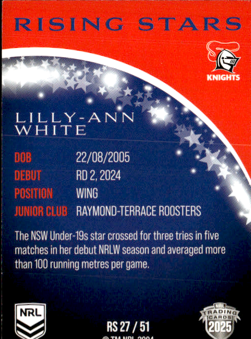 Lilly-Ann White Knights Rising Stars 2025 NRL Traders Trading Card RS 27/51