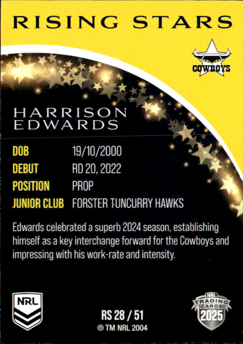 Harrison Edwards Cowboys Rising Stars 2025 NRL Traders Trading Card RS 28/51