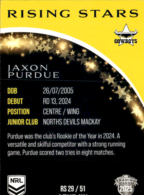 Jaxon Purdue Cowboys Rising Stars 2025 NRL Traders Trading Card RS 29/51