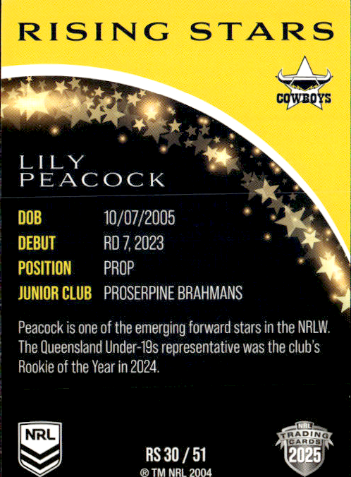 Lily Peacock Cowboys Rising Stars 2025 NRL Traders Trading Card RS 30/51
