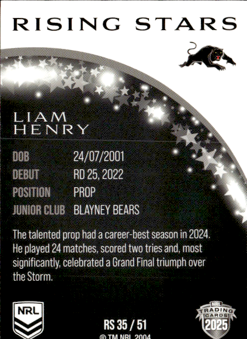 Liam Henry Panthers Rising Stars 2025 NRL Traders Trading Card RS 35/51