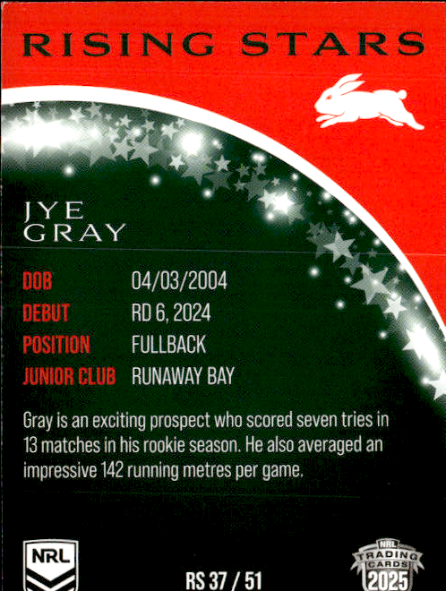 Jye Gray Rabbitohs Rising Stars 2025 NRL Traders Trading Card RS 37/51