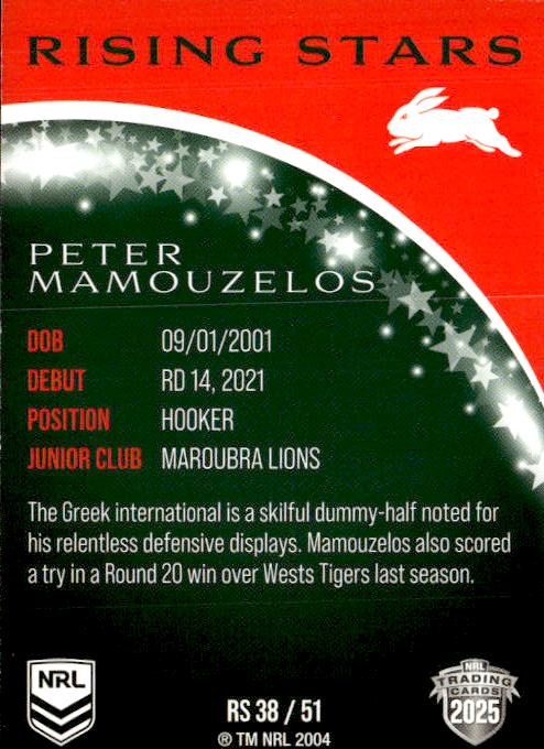 Peter Mamouzelos Rabbitohs Rising Stars 2025 NRL Traders Trading Card RS 38/51