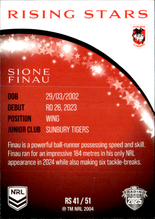 Sione Finau Dragons Rising Stars 2025 NRL Traders Trading Card RS 41/51
