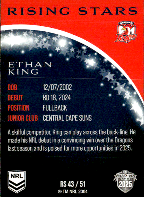 Ethan King Roosters Rising Stars 2025 NRL Traders Trading Card RS 43/51