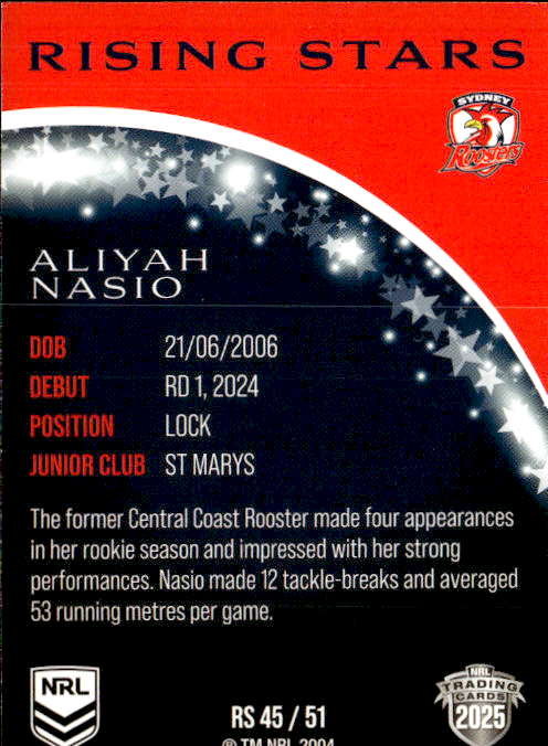 Aliyah Nasio Roosters Rising Stars 2025 NRL Traders Trading Card RS 45/51
