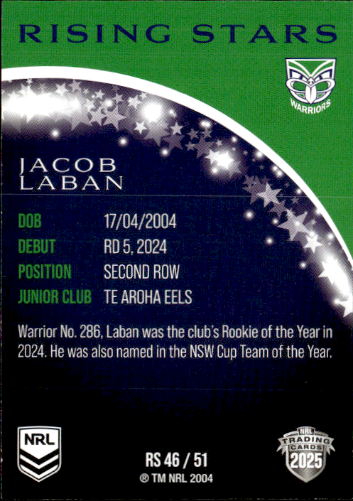 Jacob Laban Warriors Rising Stars 2025 NRL Traders Trading Card RS 46/51