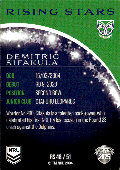 Demitric Sifakula Warriors Rising Stars 2025 NRL Traders Trading Card RS 48/51