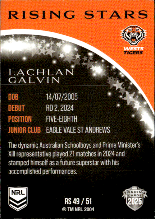 Lachlan Galvin West Tigers Rising Stars 2025 NRL Traders Trading Card RS 49/51