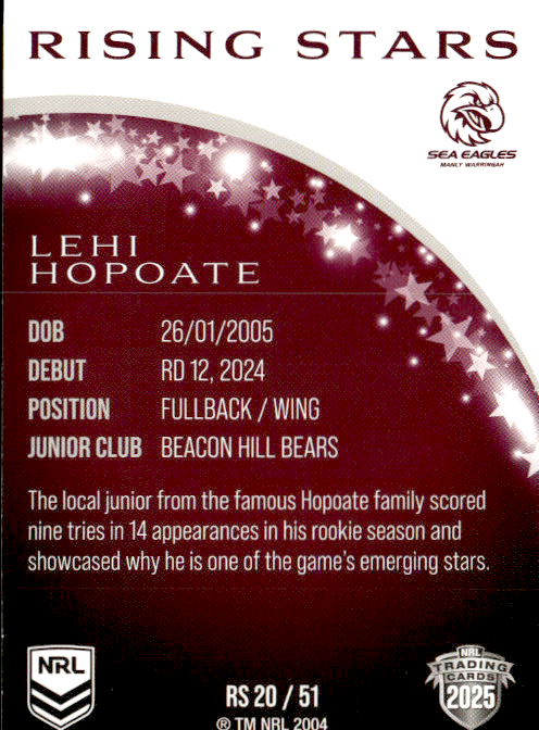 Lehi Hopoate Sea Eagles Rising Stars 2025 NRL Traders Trading Card RS 20/51