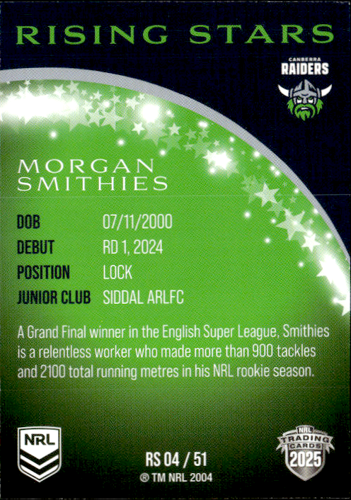 Morgan Smithies Raiders Rising Stars 2025 NRL Traders Trading Card RS 04/51