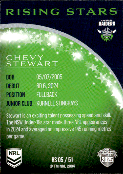 Chevy Stewart Raiders Rising Stars 2025 NRL Traders Trading Card RS 05/51