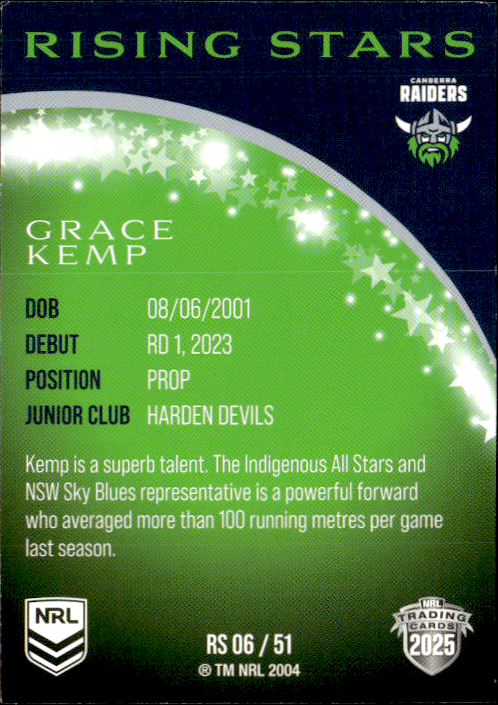 Grace Kemp Raiders Rising Stars 2025 NRL Traders Trading Card RS 06/51